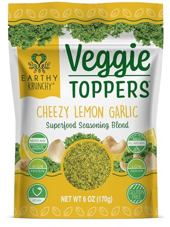 Earthy Krunchy Veggie Toppers Cheezy Lemon Garlic Seasoning – 2g Plant Based Protein – Vegan & Keto Friendly Nut and Seed Blend – No Maltodextrin, Low Sodium Popcorn & Meal Prep Spice – 6 oz Bag