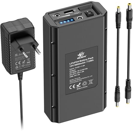 melasta 6000mAh Batterie Externe, Pack Batterie Ont 12V Porte DC in/Out Équipement et 9V Porte DC Out et USB-A Équipement, Power Bank pour Smartphone, Bande LED, Caméra de Surveillance