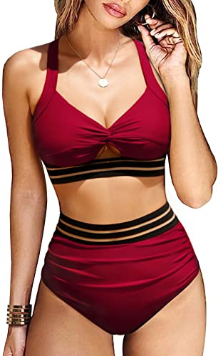 UMIPUBO Costume da Bagno Donna A Vita Alta Due Pezzi Bikini Set Sportivo Scollo a V Bikini Top Sexy Push up Imbottito Reggiseno Costumi da Mare Beachwear Swimwear Abiti da Spiaggia (Vino Rosso, XL)