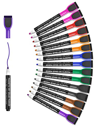 maxtek Magnetische Whiteboard Marker, 8 Farben Stifte abwischbar mit Radiergummi, Feinspitze 1–2 mm Linienbreite, Folienstifte für Zuhause, Schule & Büro (16 Stück)