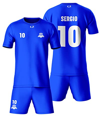 KALLPA Sport Equipación Deportiva de fútbol Personalizada. Niños y Adultos. 100% sublimación. Camiseta y calzona. Personaliza con Nombre, Escudo, número y Sponsor. (Azul Royal, Completo)