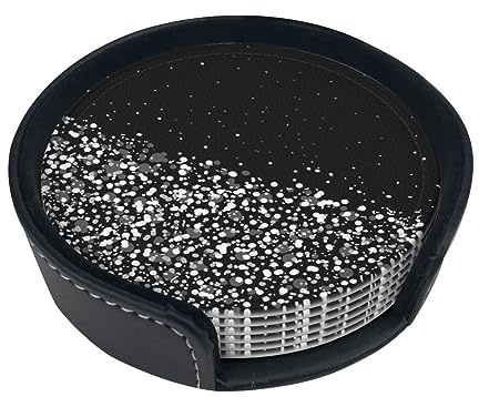 Faduni Schwarz-Weiße Glitzer-Leder-Untersetzer, 6 Stück, Rund, 10 cm Durchmesser, 5 cm Höhe, für Getränke, Zuhause und Küche