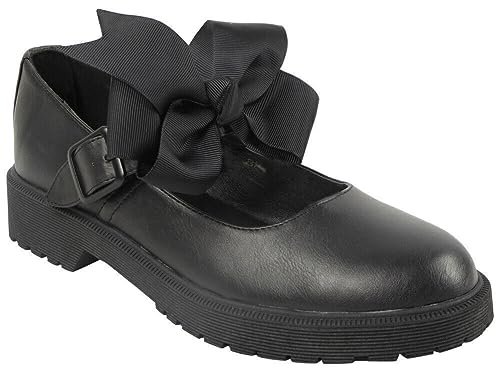 Girls Back to School Shoes Kids Children Ladies Womens Mary Jane Pumps Slip On Bow Flat Low Loafers Ballerina Dolly Pump Work Office Geek Formal Casual Flat T Bar Grip Shu (Bet 1 Matt, 4)