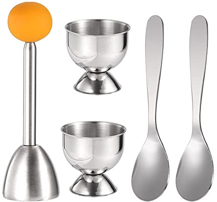 Lot de 2 coquetiers, 2 cuillères en métal et 1 coupe-œuf à la coque en acier inoxydable argenté