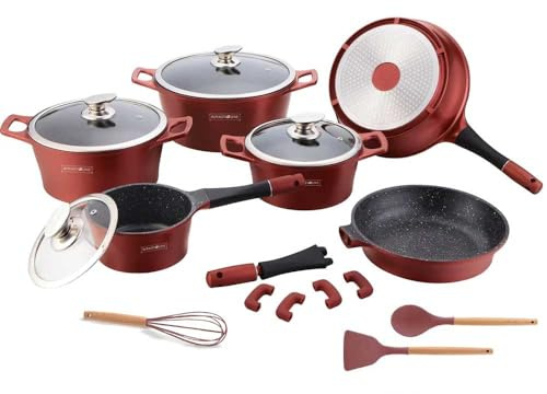 Batteria Pentole Padelle 17 Pz Royalty Professionale Alluminio pressofuso Antiaderente Rivestimento In Pietra Lavica Piano Induzione e gas, Coperchi in Vetro, Utensili Inclusi RL-ES1014M (Bordeaux)