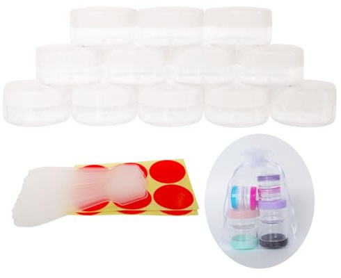 Wopanxye 12 Stück 10 Gramm Dosen Döschen Leere mit Deckel Transparente Proben Kosmetikbehälter plastik Pot 10ml für Kosmetikdose, Creme, lippenbalsam und Lotion, Free 12 Stück Mini Spatulas Labels