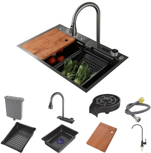 QLXYYFC 29-Zoll-Einbauwaschbecken mit Einzelbecken, Edelstahl-Wasserfall-Wasserhahn, Familienküchenspüle, Ideal für Den Einsatz an Einer Vielzahl Von Orten Wie Bars, Esstischen, Küchen Usw