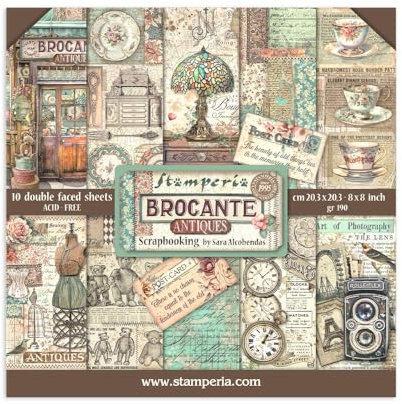 Stamperia - Scrapbook Paper Pad for Scrapbooking, Albums, Card Making, Bullet Journals, and More, Acid Free, Double-Sided, Perfect for Hobbies, Crafts, and Gifting (Brocante Antiques) (20.3 x 20.3cm)