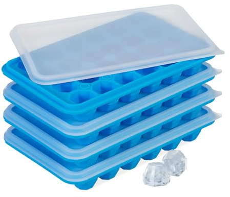 Relaxdays Pack 4 Cubiteras con Tapa, Moldes Cubos de Hielo, Diamante, 24 Cubitos Cada Una, Silicona, Azul/Transparente