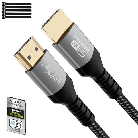 Mygatti 2.5 Meter 8K HDMI 2.1 Kable Zertifiziertes,Ultra HD 48Gbps Hochgeschwindigkeit,4K@120Hz/8K@60Hz,eARC,HDCP 2.2&2.3,UHD HDR 10+,Kompatibel mit PS5/4/3,8K Gaming,TV,Blu-ray-Player,Projektor