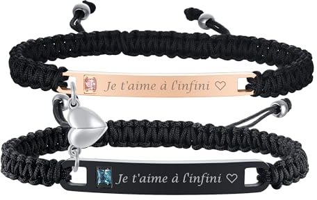2PCS Bracelets Couple Amoureaux Personalisés - Bracelet Réglable en Cordon Tressé Acier Inoxydable Zircon Cristal Bracelet avec Gravure Bracelets d'Amitié