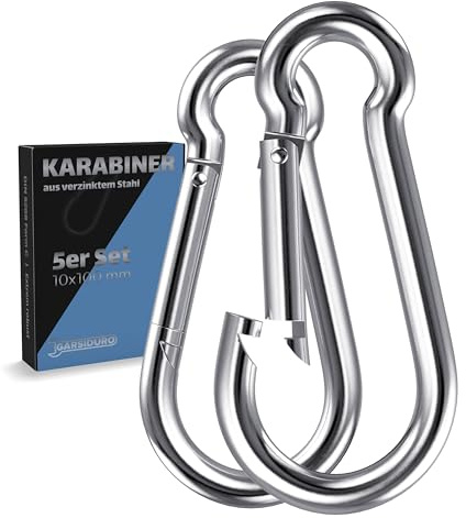 GARSIDURO® Mousqueton de Fixation | 5pcs 10x100mm | Acier galvanisé DIN 5299 | Crochet sécurité pour clés, laisse chien, extérieur, auvent, balançoire, voile d’ombrage (10x100 | 10mm | 100mm)