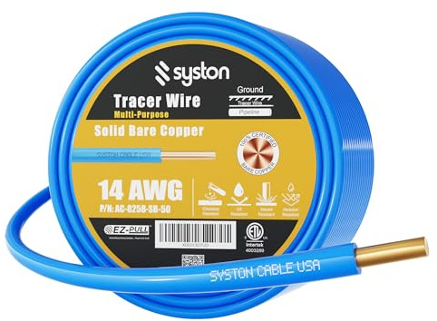 14 AWG Tracer Wire 600V 100% Solid Copper Conductor Direct Burial Underground, Blue Tracer Wire for Locating Underground Pipes and Lines Water Sewer Pipe Fiber Optic Gas Electrical Wire, 100 FT