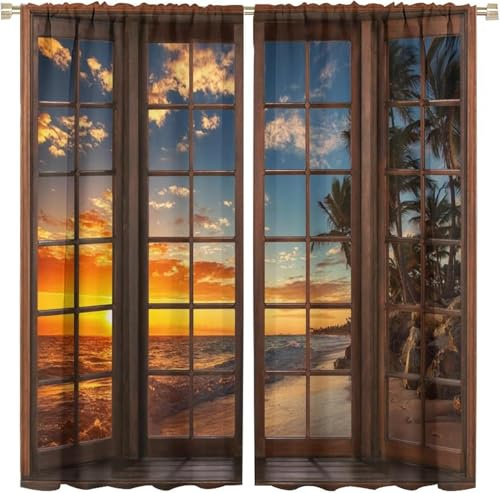 3D Bedruckte Vorhänge 170X200 cm (B + H) Blick Auf Den Sonnenuntergang Aus Dem Fenster Schlafzimmer Runder Loch Vorhang Super Weicher Vorhang Lärmschutzvorhang Für Wohnzimmer/Home Office,-563793701