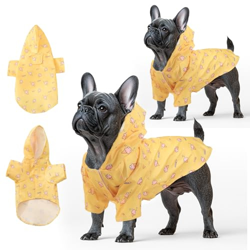 Fiohiros 2 Stück Hunde-Regenmäntel, wasserdicht, leicht, mit Loch für Geschirr, Hunde-Regenmantel mit Kapuze für kleine Hunde (Gelb, L)