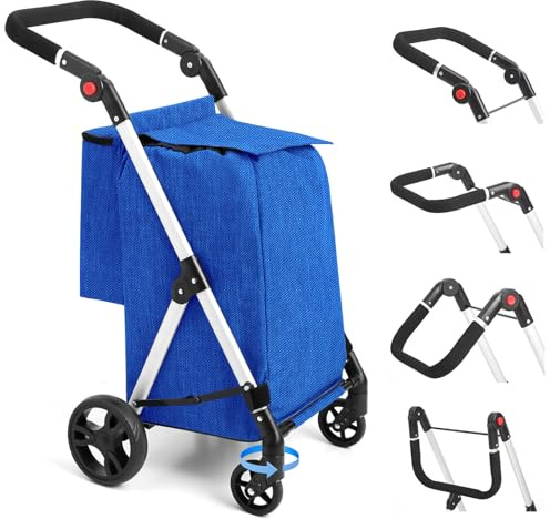 LEUYA ABC Grocery Trolley, 4 Wheel Shopping Trolley, 46L Aluminium Shopping Cart with Insulated Cooling Bag, Adjustable Handle, Folding Shopping Trolley (Royal Blue)