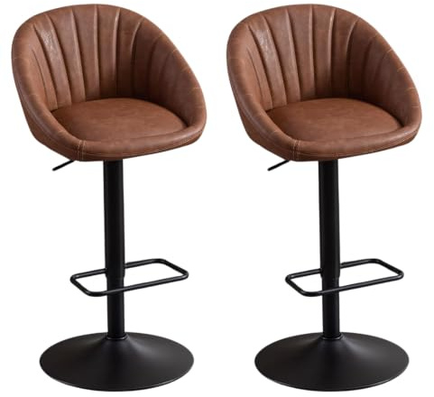 Ya-Home Barhocker 2er Set höhenverstellbar mit Fußstütze, Braun | Metallgestell, gestepptes Design, mit Kunstleder bezogen, drehbarer Sitz, höhenverstellbarer Küchenhocker