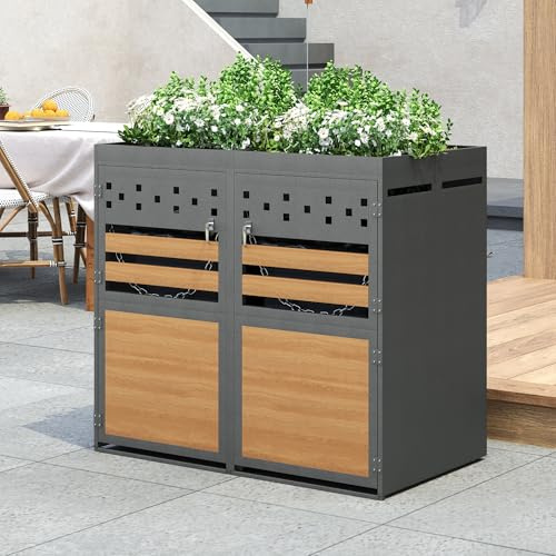 Merax Coffre à poubelles avec toit, cache-poubelles avec trous de ventilation, Convient pour 2 bacs à déchets de 120–240 litres, Gris et Naturel