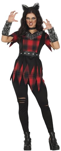 FIESTAS GUIRCA | Werwolf Halloween Kostüm Damen (42-44/L) – Wolf Kostüm Karneval Fasching inkl. Haarreif, Oberteil, Hose, Schwanz, Armstulpen – Tierkostüm Halloween Kostüm Dame Rot Schwarz