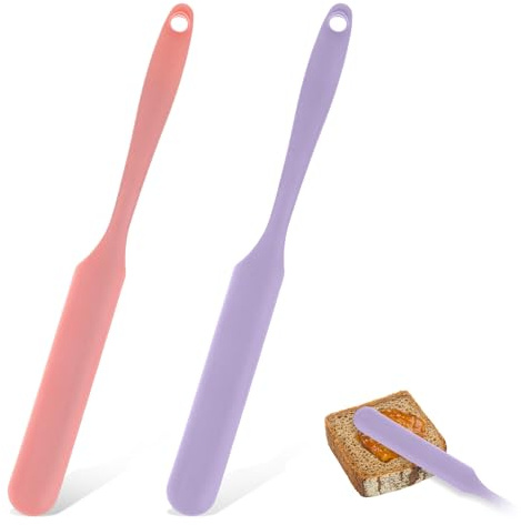 2PCS Silicone Jar Spatula, Kitchen Essential Jar Scraper With Long Handle Peanut Butter Knife, Skinny Silicone Spatula for Sourdough, Icing, Baking, Spreader, Cooking (Pink, Purple)