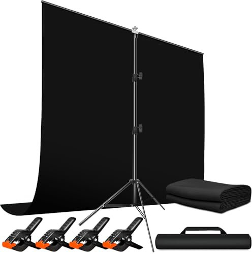 Heysliy Fond de Toile Photo Noir avec Support, 2 X 2 M / 1,5 X 2 M, Kit de Fond de Studio Photo pour la Photographie De Produits, Portraits, Shooting en Ligne, Youtube/Streaming