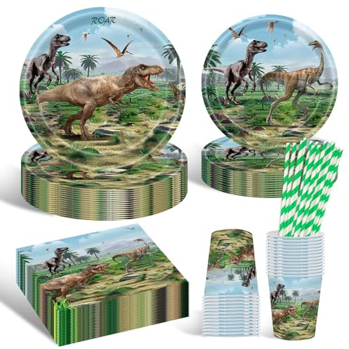 Geburtstagsdeko Partygeschirr Set, 20 Gäste Dinosaurier Teller Set, Partygeschirr Set Mit Pappteller Und Becher Servietten Kindergeburtstag Partyzubehör für Geburtstag Deko Junge Mädchen Motto Party