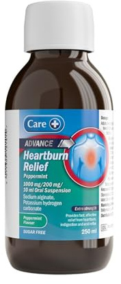 Care Heartburn Advance Indigestion and Heartburn Relief, Peppermint Flavour Oral Suspension, Fast-Acting Soothing Formula for Acid Reflux and Indigestion, Gentle on Stomach, Long-Lasting, 1 x 250ml