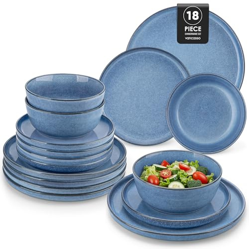 vancasso ANYA Plates and Bowls Set, 18 Piece Dinner Plates Set of 6, Include Ceramic Dinner Plates, Dessert Plates, and Cereal Bowls, Dishwasher and Microwave Safe, Blue