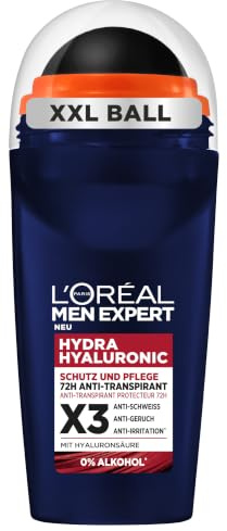 L'Oréal Men Expert 72H Hyaluron Deoroller für Männer, Deo Roll-On gegen Schweißgeruch, Schwitzen, Achselnässe und weiße Rückstände, Herren Anti-Transpirant Deo, alkoholfrei, Hydra Hyaluronic, 6x 50 ml