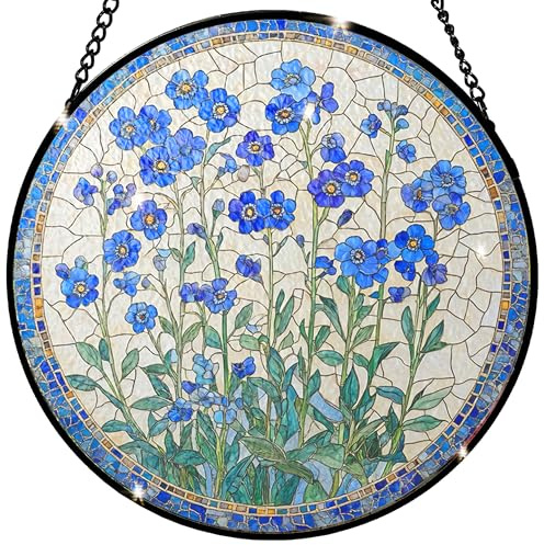 Forget-me-not Flower Stained Glass Sun Catcher - Handmade 7.87 Inch Blue Glass Decorative Stained Glass Window Hanging Decoration for Plant Lovers, Forget-me-not for Friends, Family, Classmates