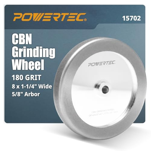 POWERTEC CBN Grinding Wheel 8 Inch 180 Grit, 1-1/4 Wide, 5/8 Arbor – 4-in-1 CBN Sharpening Wheel with 1/4 Radius Edge and Side Face for Bench Grinder (15702)