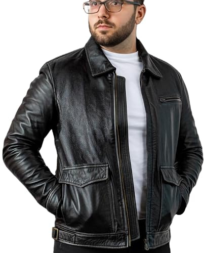Aviator Styled Mens Leather Jacket | With Dual Access Front Pockets | Vintage Black Leather Jacket | Motorbike Real Leather Jacket Mens | Medium