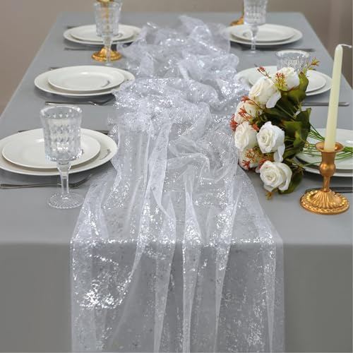 Tischläufer Weihnachten Tischläufer Silber Rolle, Polyester Tischdeko Hochzeit, Tischband mit Beschicht Glänzend, Tischband Silber, Tüll Dekostoff Tüllband für Hochzeiten Weihnachten Geburtstag