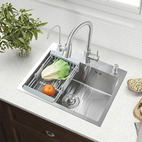 Evier Inox avec Egouttoir et évier mobile et planche à découper,lavabo cuisine avecavec Trous pour Robinets et Distributeur de Savon 1 Bac 55 * 45 * 21cm Brossé