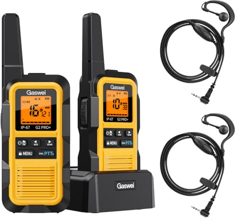 Gaswei G2Pro+ Talkie Walkie PMR 446 Professionnel - Étanche IP67 16 canaux | Longue Portée & Robuste - Double PTT, VOX, Alerte SOS, Radio FM, avec oreillette ,Chargeur USB (Lot de 2 - Jaune)