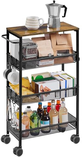 Yaheetech 4-Tier Kitchen Trolley, Space Saving Storage Cart, 22 cm Deep, with Engineered Wood Top Steel Frame Lockable Wheels, 6 Hooks and Handle for Kitchen Studio Bathroom Living Room, Rustic Brown