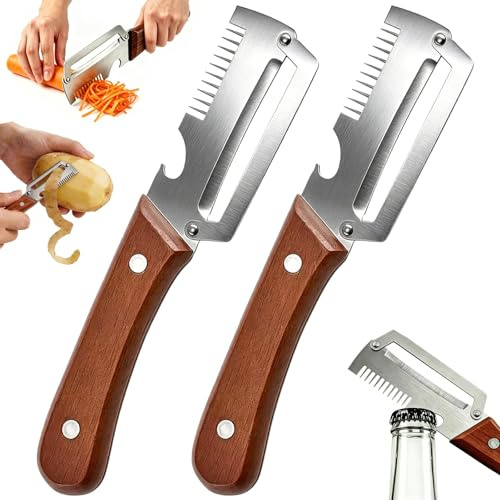 3 en 1 Éplucheur de légumes multifonction pour la cuisine, Zero Snag en bois en acier inoxydable, Éplucheur Légumes Multifonction, avec ouvre-bouteille pour légumes et tranches de viande(2PCS)