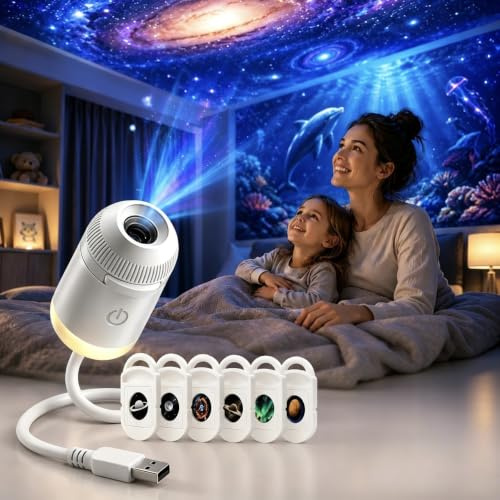 Proyector de luz nocturna holográfica inteligente HD 5D, mini proyector USB de luz de estrella galaxia con 6 discos de película, lámpara giratoria de 360°, iluminación de ambiente para dormitorio