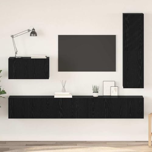 Boltkex TV-skåpset 4 delar i svart ekutseende av trämaterial, TV-skåp som lågbord och mediammöbler med låda, 4 dörrar, 3 fack för vardagsrum och hemmabio