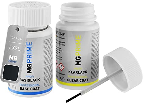 MG PRIME Autolack Lackstift für Audi LX7L / X7L / H1 Manhattan Grau Me. +1K | Manhattan Grey Metallic / Manhattan Grau Metallic, Set aus Basislack + Klarlack, Lackfläschchen mit Pinsel, je 50ml