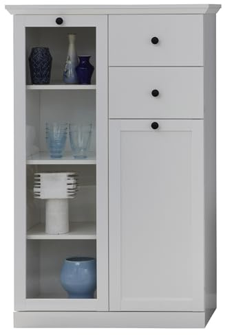 trendteam smart living - Baxter - Vitrine - Weiß matt - Wohnzimmerschrank im Landhausstil - (BxHxT) 81 x 129 x 41 cm - edle Schwarze Metallgriffe - Schrank mit 7 Fächern und 2 Schubladen | B 81 x H 129 x T 41 cm · Vollauszug · Metallgriffe · optional mit LED-Beleuchtung · 2 Türen, 2 Schubladen, 4 Einlegeböden