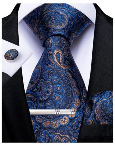 DiBanGu Men's Necktie Handkerchief Silk Paisley Tie Pocket Square Cufflink Set (Blue)(Size: 150cm)