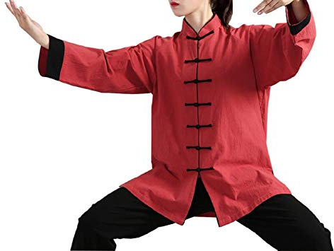 FUYUFU Coton et Lin Tenue de Tai Chi à Manches Longues Unisexe Vêtements D’Arts Martiaux Kung-fu Costume Ridé (Un Ensemble) (Veste jujube Rouge/Pantalon Noir, XXXL)