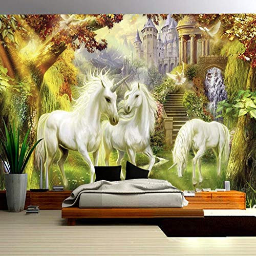 Fantasie Fee Wald Einhorn Weißes Pferd Schloss Wandbild Europäischen Stil 3D Fototapete Nacht Wohnzimmer Home Decor 3D Fresko, 430 × 300 cm