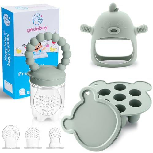Gedebey 3-in-1 Baby Food & Fruit Feeder Set – Breastmilk Popsicle Mold with Freezer Tray, Teething Relief Toy, BPA Free Infant Silicone Feeding Combo, 3 Bonus Sizes (S/M/L) Sacs (Pea Green)