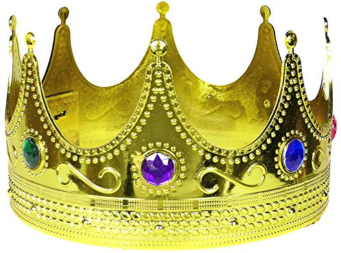 Balinco Krone König, Gold mit Farbigen Rubinen – Herren Kostüm Zubehör für Erwachsene, Klassische Kunststoffkrone für Karneval, Fasching, Halloween