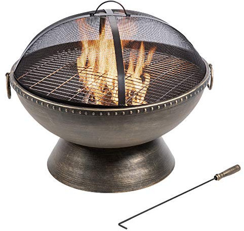 Teamson Home Jardín, Brasero de Leña Grande, Hoguera para Leña Al Aire Libre, Meubles De Exterior, Chimenea, Calentador De Hoguera, Quemador de Leña con Atizador, Parrilla y Tapa