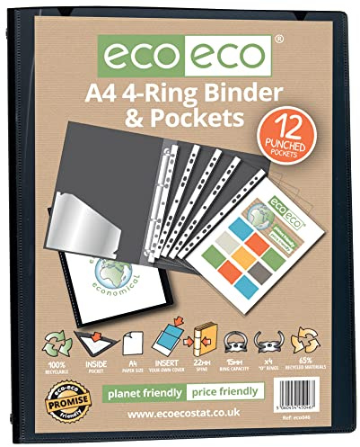 eco-eco A4 65% recyceltes Präsentationsbuch mit 4 Ringen, mit 12 mehrfach gelochten Hüllen, schwarz, eco046