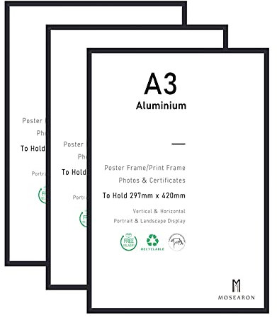 ATOBART - 3 cornici portafoto in alluminio con vetro plexi-glass, da appendere alla parete, formato A3, 29,7 x 42 cm, colore: nero