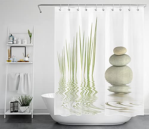 LB Zen Spa Duschvorhang Antischimmel Wasserdicht Badezimmer Vorhänge Weißer Stein und grüne Pflanze 150x200cm Extra Lang Polyester Bad Vorhang mit Haken